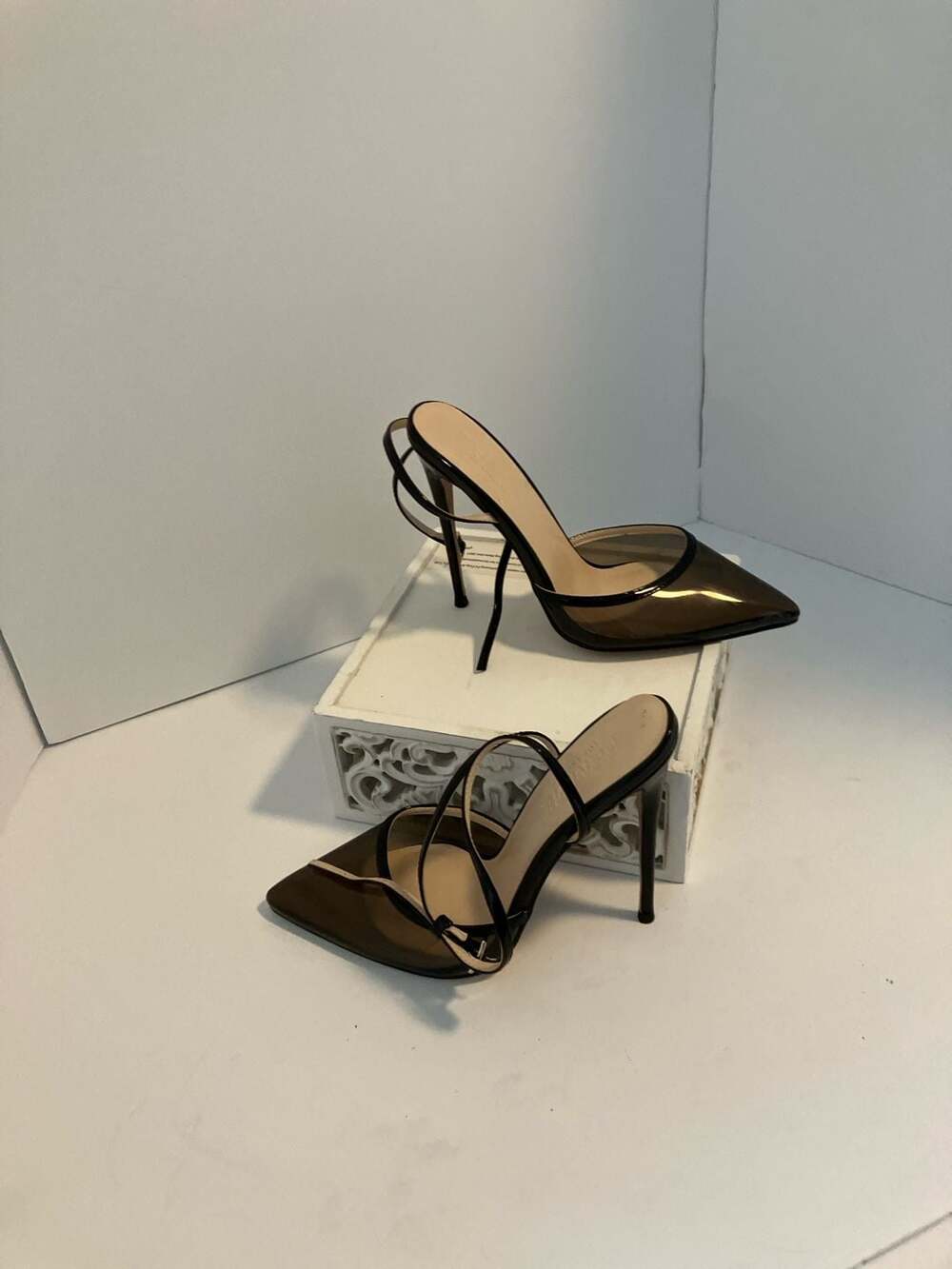 Femme LA Donatella Mule In Patent Black Clear Pointed Toe Heeled Sandals